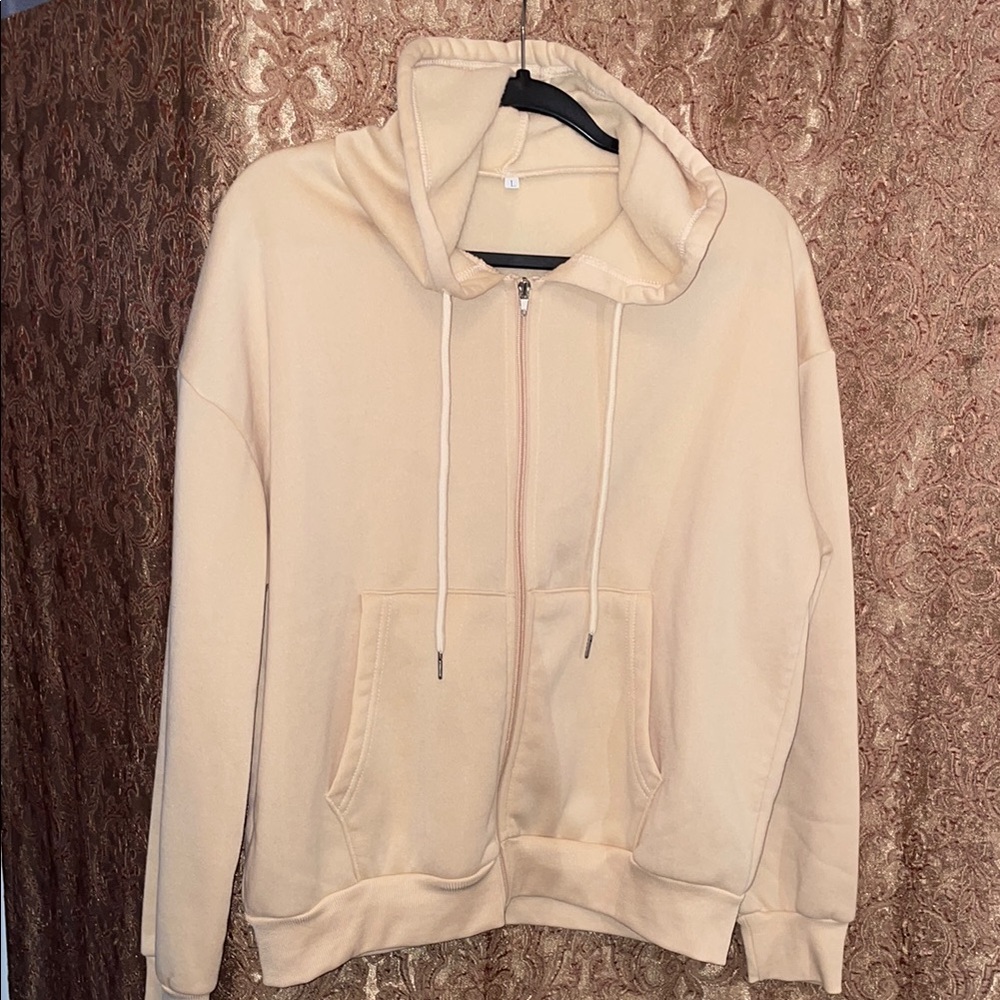 NWOT Cream Hooded Zip-Up Sweatshirt.  Size Large